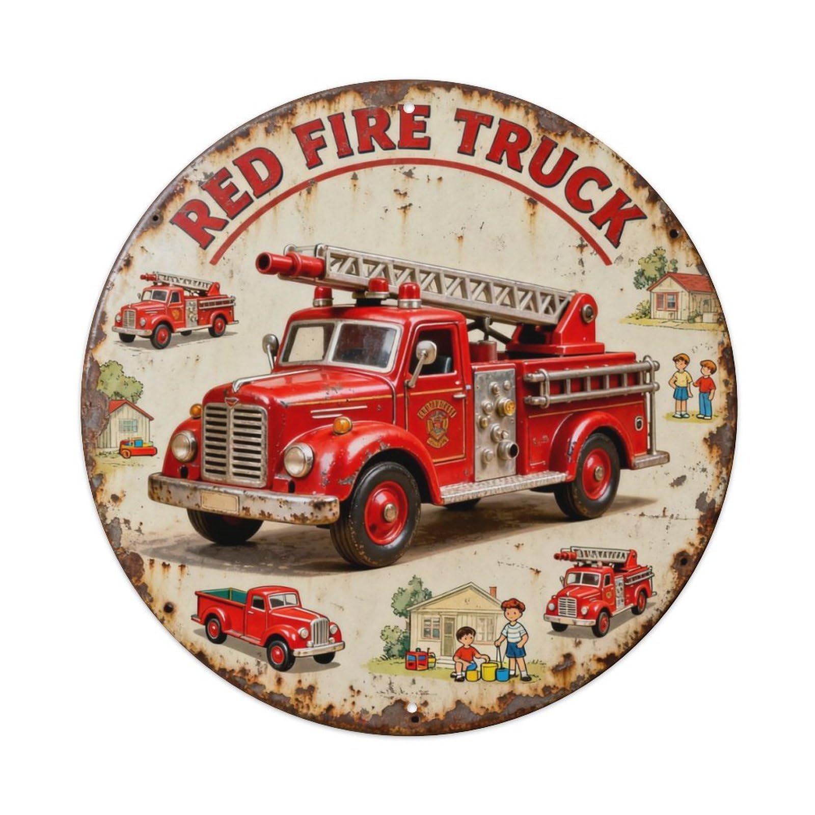 RED FIRE TRUCK Metal Tin Sign Plaque