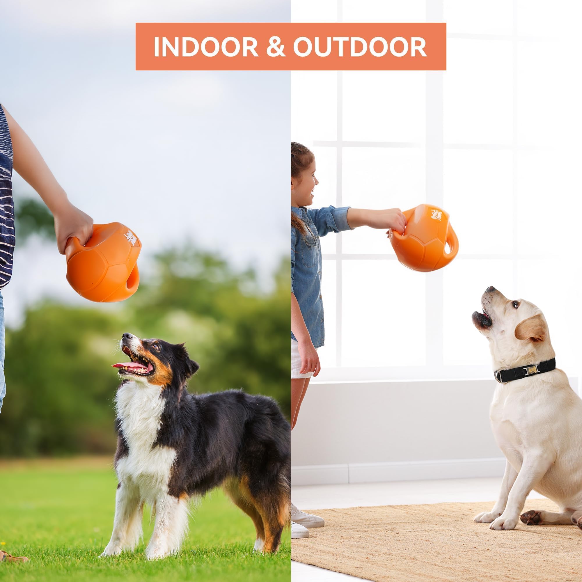 ALL FOR PAWS Hundeballspielzeug für mittelgroße & große Hunde, Hundebälle zum Tauziehen & Apportieren, Apportierspielzeug mit Griffen und Kicher-Quietscher, Orange