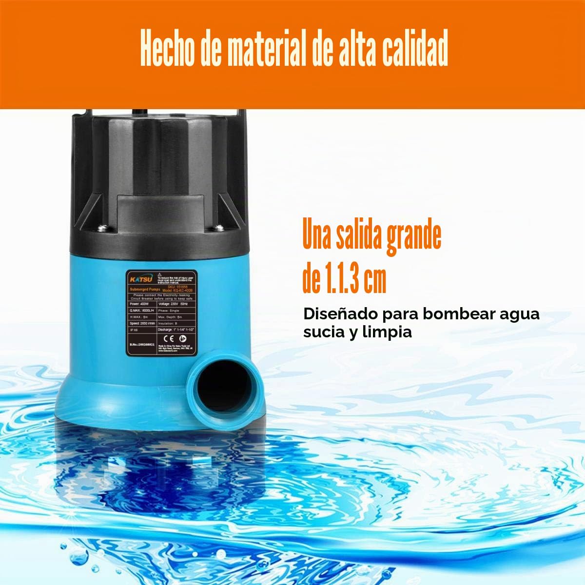 KATSU Bomba sumergible portátil 400 W para agua limpia y sucia con interruptor flotante