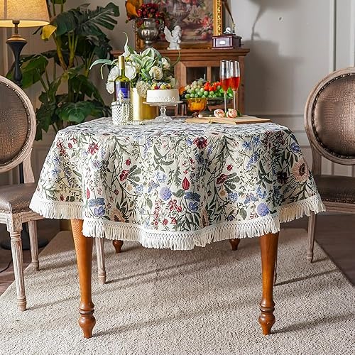 Miniatura 10 de SUTAVIA Mantel bohemio de lino de algodón con borlas, color negro, floral, beige, con borlas, para mesa de casa de campo, a prueba de polvo, para el