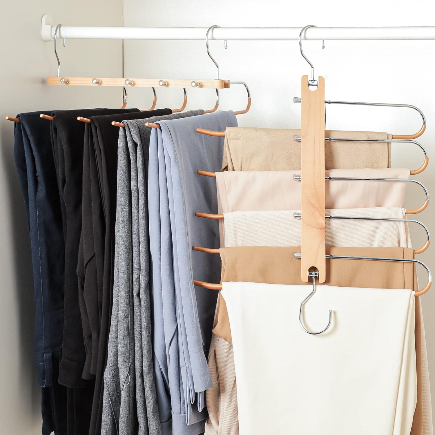 HOUSE DAY Magic Pants Hangers Space Saving - 2 Pack Wood Trousers Hangers for Closet Organizer - Jeans Hangers Scarf Rack Non-Slip Hangers - Pants Ties Leggings Hanger Space Saver Closet Organization