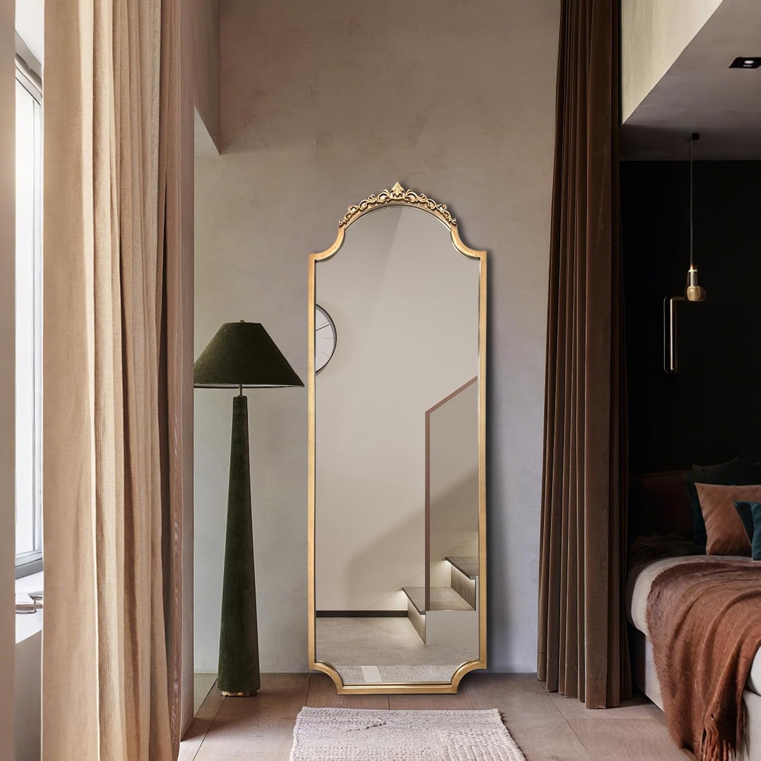 Large Gold Arched Mirror, 61"x22" Vintage Floor Mirror for Dressing, Ornate Baroque Mirrors Full Length, Traditional Carved Mantel Mirrors for Living Room Bathroom Bedroom Entryway - Image 8