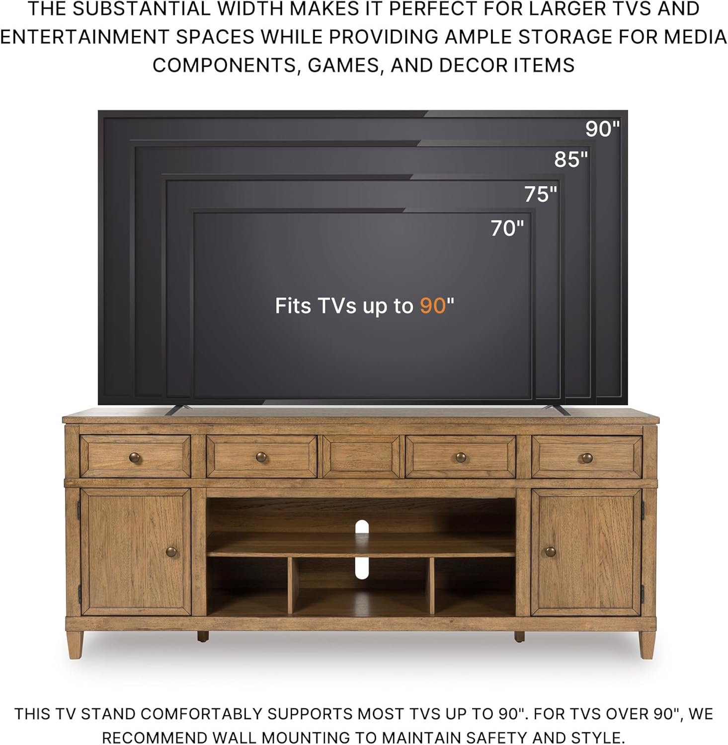 Signature Design by Ashley Sharlance Farmhouse 81" TV Stand for TVs up to 93" with Adjustable Shelves and Wire Management, Light Brown