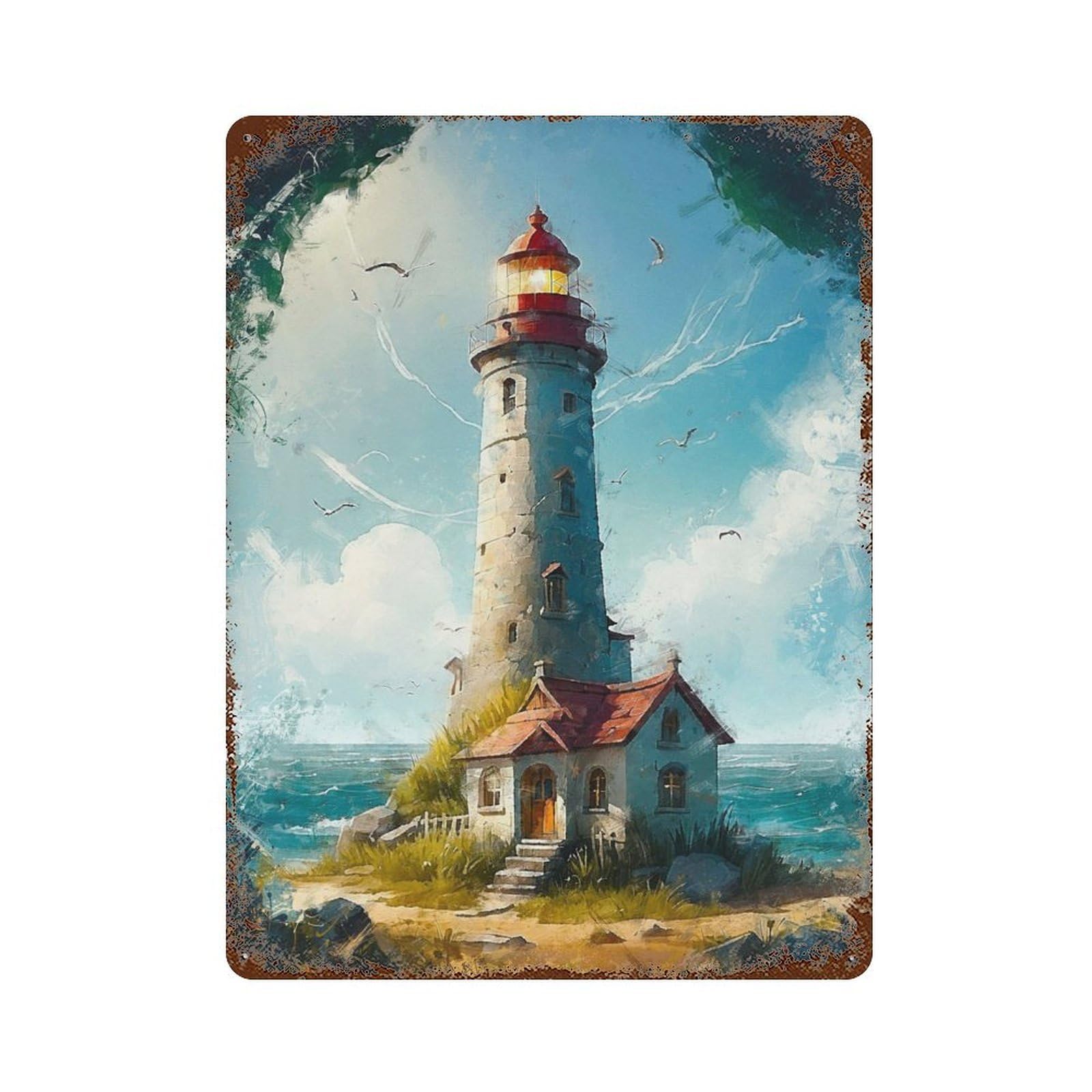 Aged Metal Wall Plaque with The Lighthouse Design 15.7"x11.8", for Farmhouse, Kitchen And Entryway Decor, Retro Wall Decor