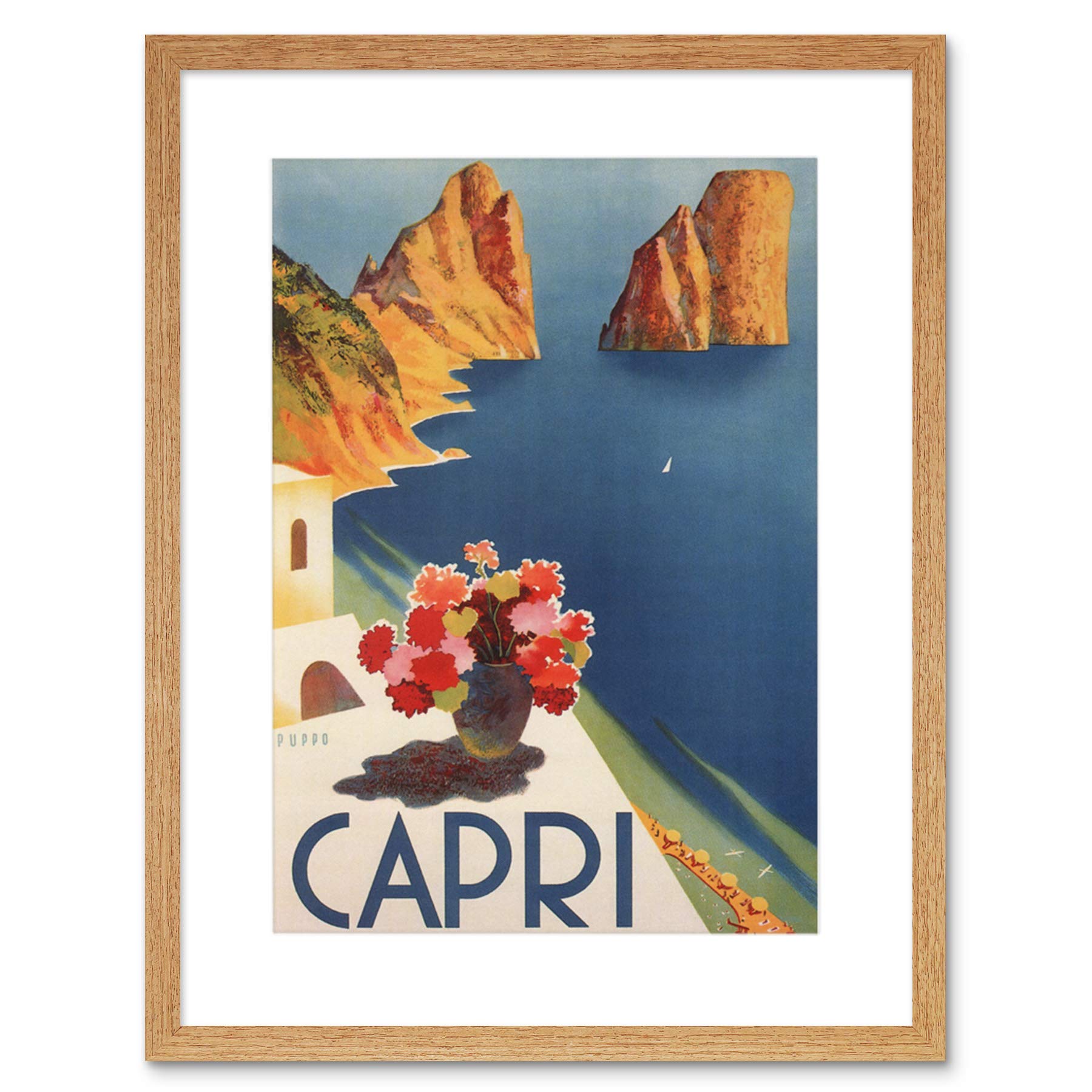 Wee Blue Coo Travel Tourism Italy Capri Island Sun Flowers Sea Framed Wall Art Print