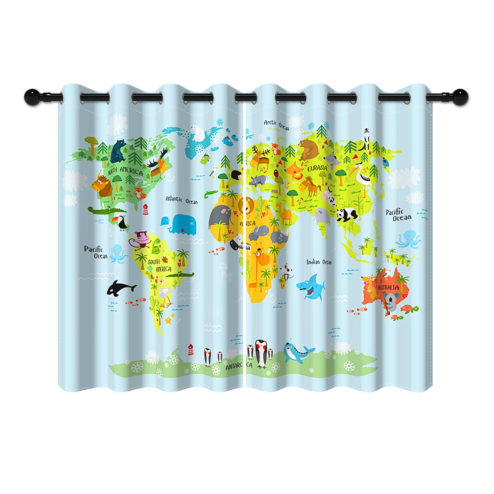 YONGFOTO 117x138cm Dibujos Animados Mapa Cortinas Opacas Global Ocean Cute Animal World Monumentos Baby Blue Maps por Sala Dormitorio Infantil Cortinas de Ventana, 2 Paneles con Ojal
