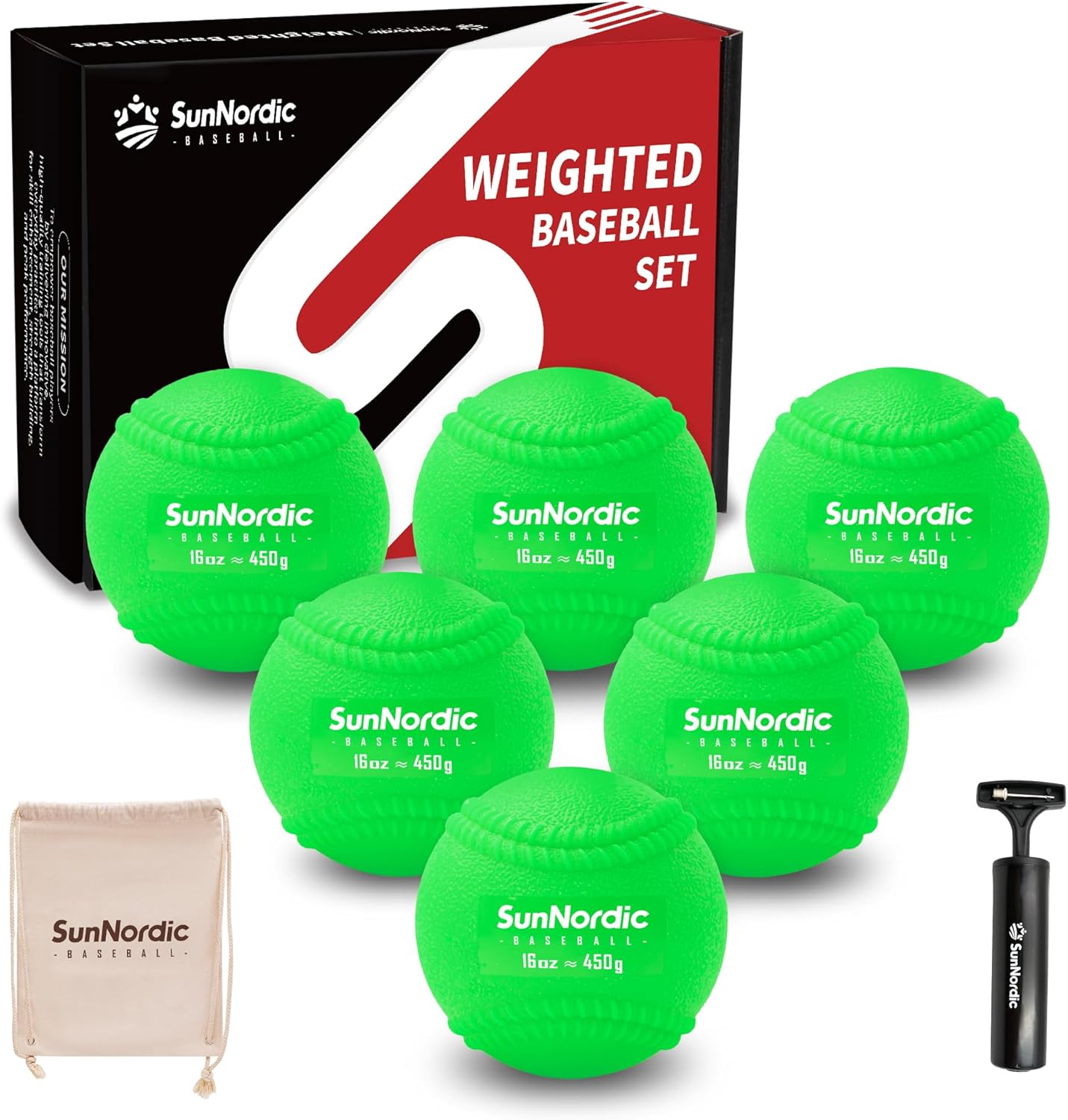 SunNordic 6 Pack Weighted Baseballs Set (16 oz) - Weighted Baseballs for Hitting Training & Improved Power - Pitching Training Baseball for All Skill Levels