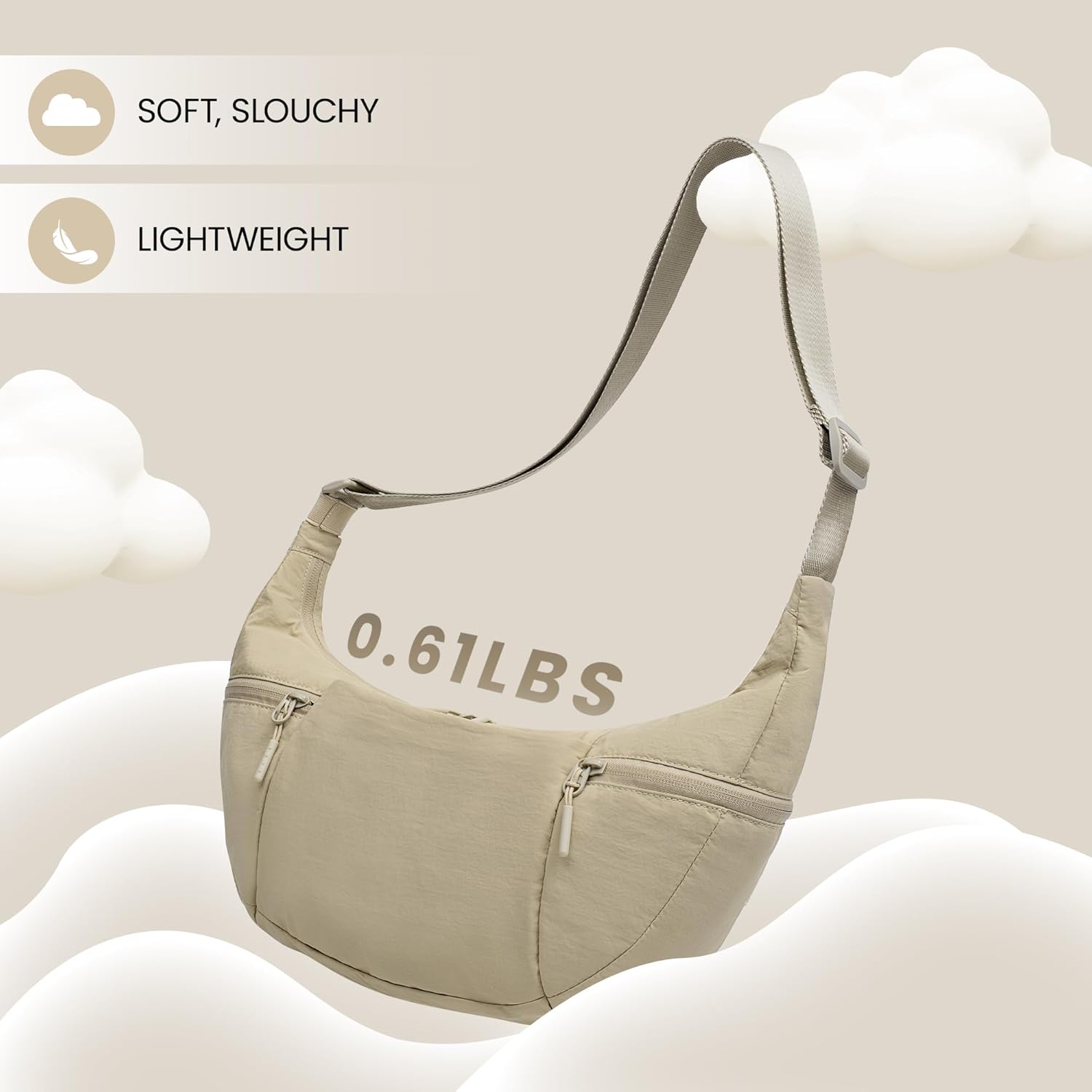 VONAL Nylon Crescent Crossbody Bag, Sloughy Shoulder Hobo Bag for Women, Lightweight Moon Bag Dumpling Sling Bag Purse - Image 3