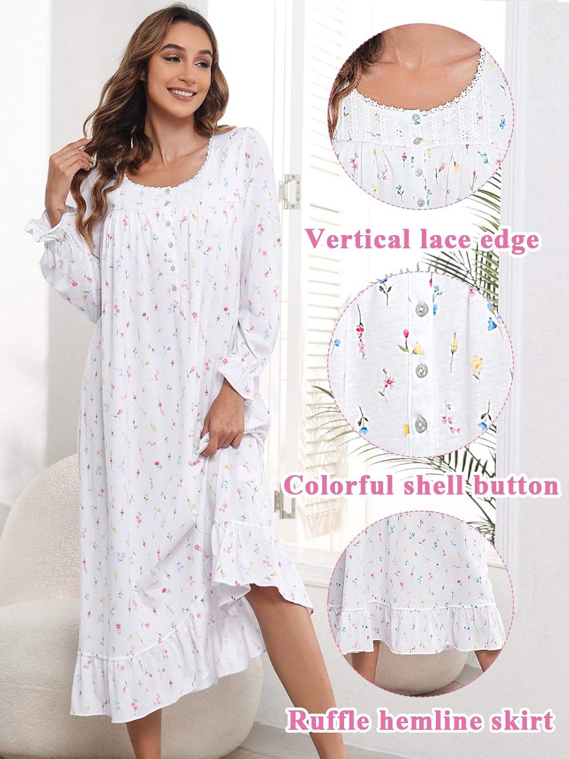 Cotton Nightgowns for Women Long Sleeves House Dress Nightdress Full Length Sleepwear Loungewear - Image 2
