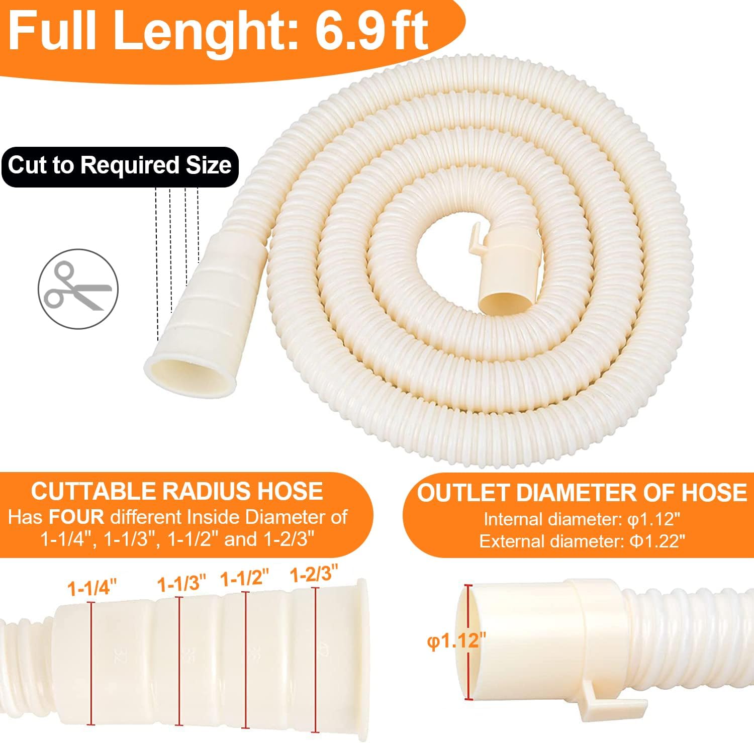 MyLifeUNIT Washing Machine Drain Hose Extension Kit, Universal Washer Drain Hose Replacement Parts Fit for 1-1/4", 1-1/3", 1-1/2", 1-2/3" Outlet Diameters with 1 Clamp, 6.9 Feet