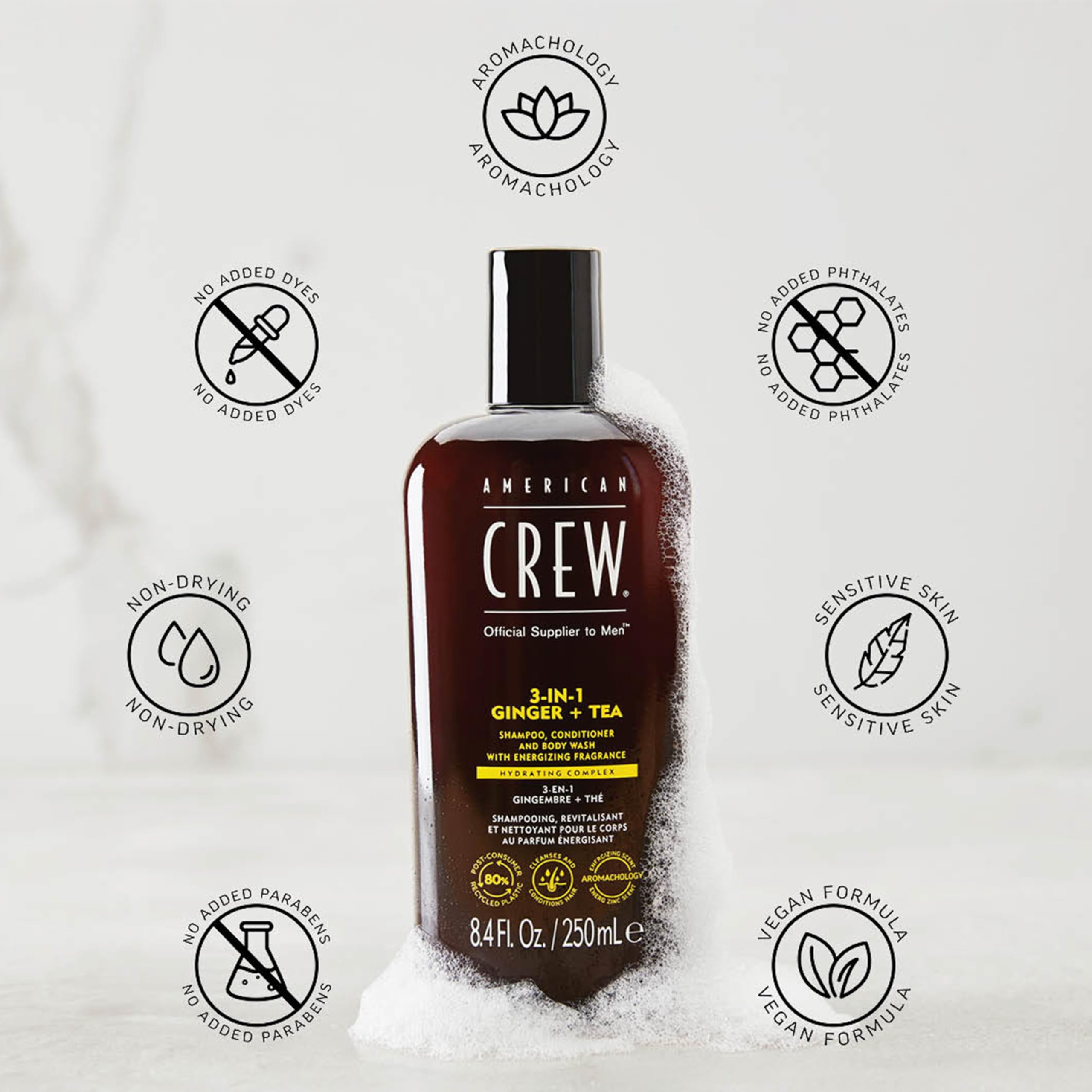 American Crew 3 en 1 Ginger + Tea, Champú Acondicionador y Gel de Ducha, Limpia e Hidrata el Cabello y el Cuerpo, Mantiene y Repone la Barrera de Hidratación, Aroma Revitalizante y Energizante