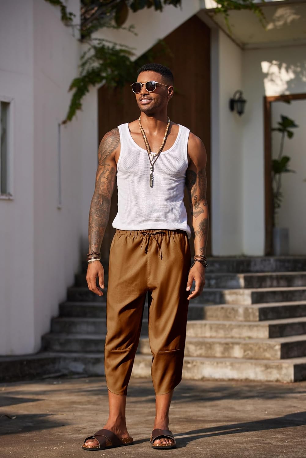 COOFANDY Men's Linen Harem Capri Pants Lightweight Loose 3/4 Shorts Drawstring Elastic Waist Casual Beach Boho Yoga Trousers - Image 2