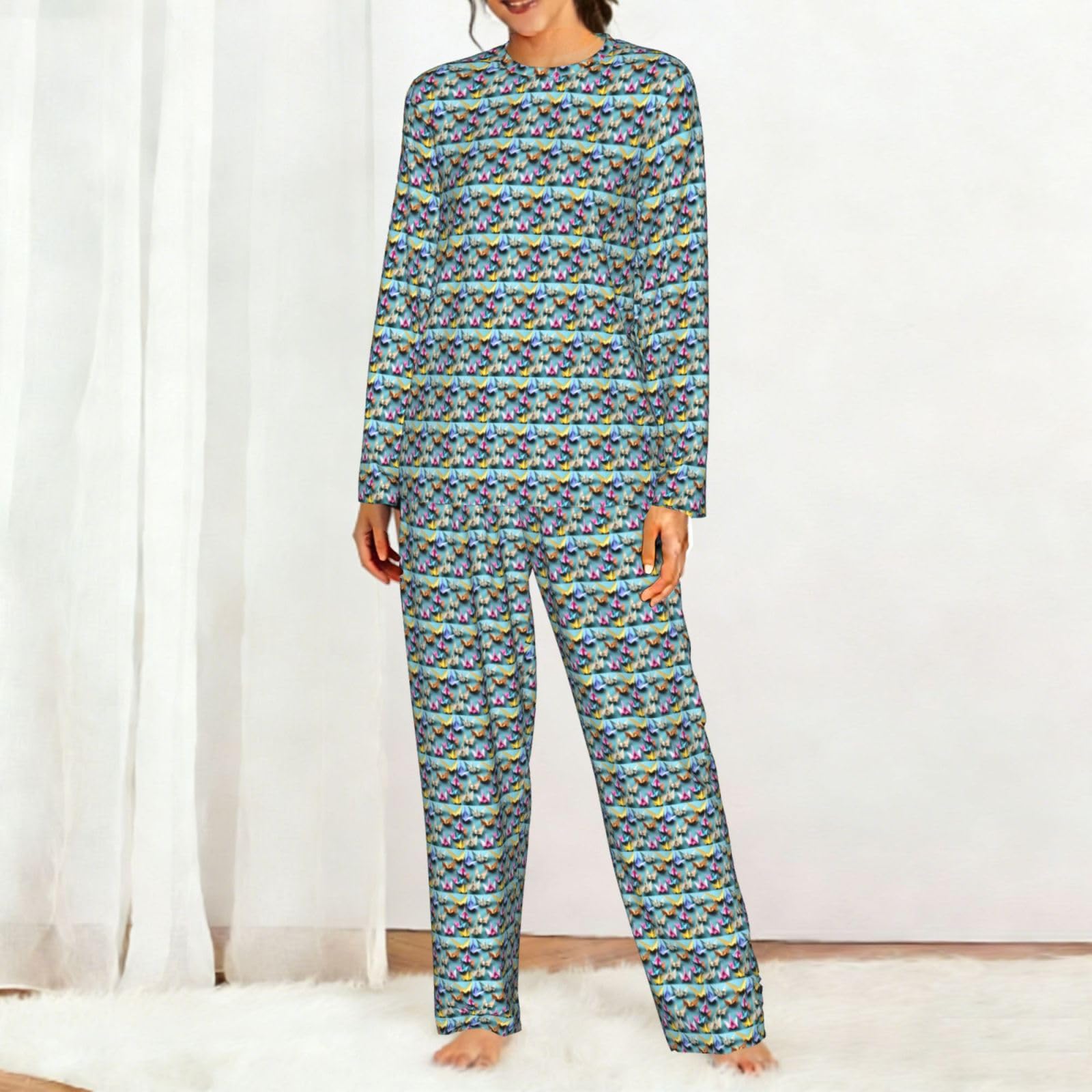 Origami Paper Crane Stampa Donne Manica Lunga Pigiama Corrispondente Quotidiano Confortevole Loungewear Abiti Da Notte