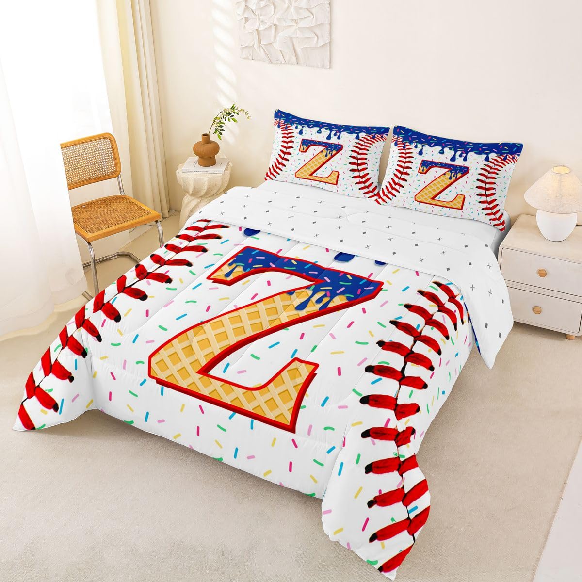 Homewish Zestaw pojedynczej kołdry baseballowej - modny zestaw pościeli z inicjałem Z dla chłopców lodów słodki deser zestaw kołdry - dla dzieci chłopców nastolatków dorosłych sportowa gra w piłkę bez