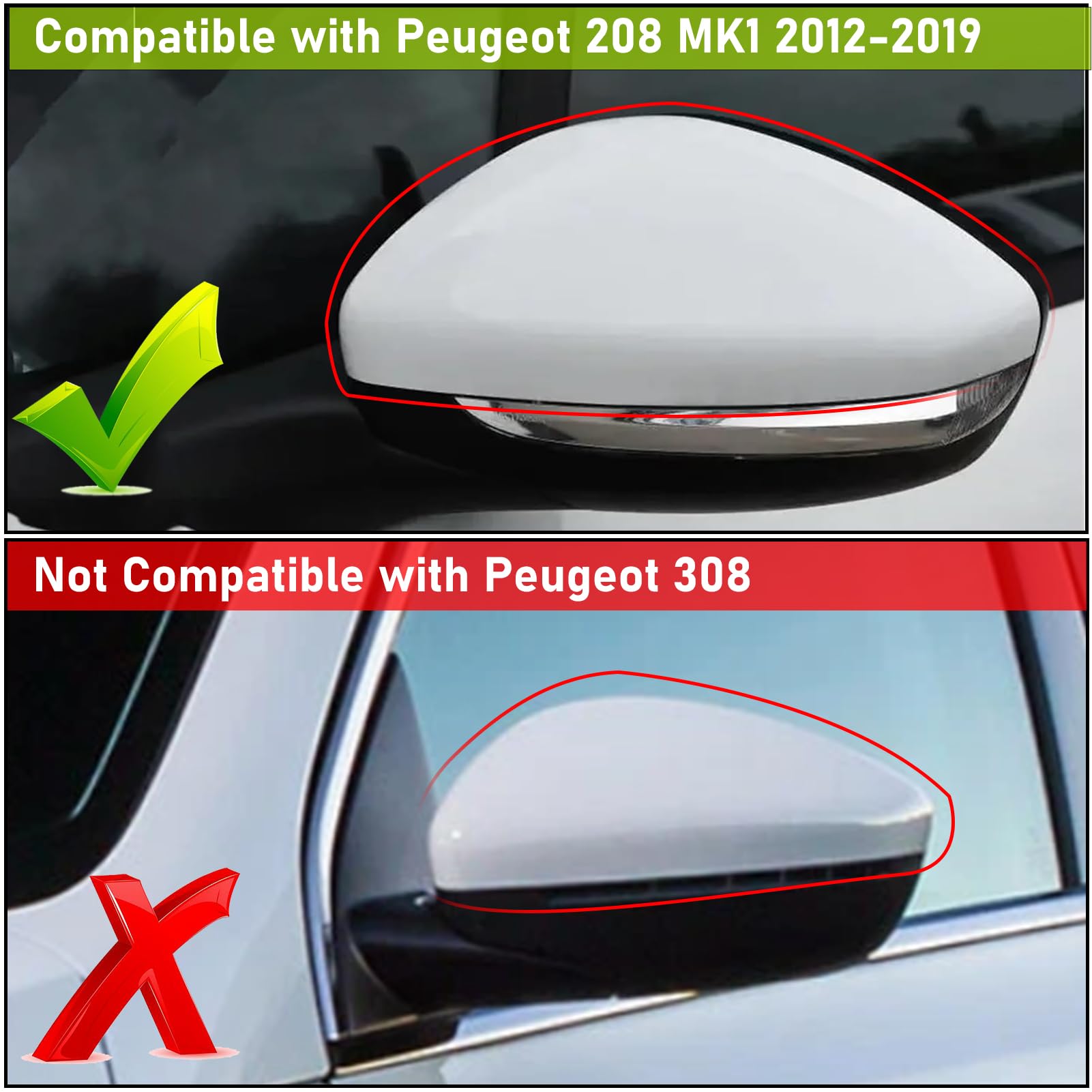 TTCR-II 2 PCS Coque de Rétroviseur Compatibles avec Peugeot 208 Boîtier de Rétroviseur 2012 2013 2014 2015 2016 2017 2018 2019 Couverture Miroir 208 Peugeot Gauche+Droite-Blanc