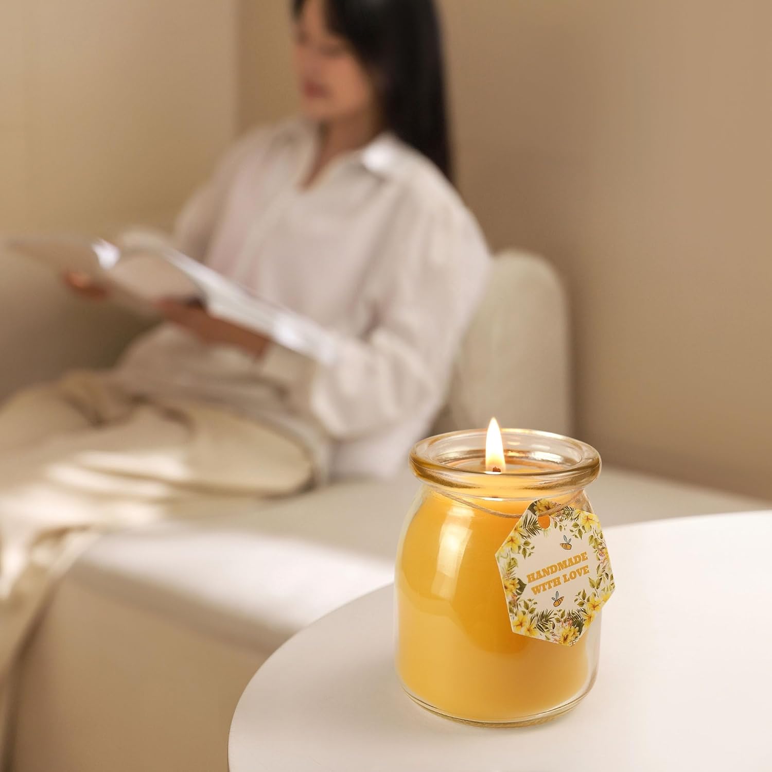 Natural Beewaxs Candles, Unscented Beewaxs Candles in Glass Cup, 6.8oz 32 Hours Long Lasting, Pure Cotton Wick and Stress Relief, Home Gifts（Yellow,2pcs）
