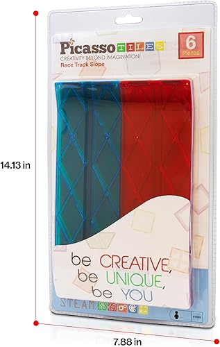 Miniatura 9 de PicassoTiles Juego de 6 piezas de azulejos magnéticos para pistas de carreras, accesorios STEM, bloques de construcción, azulejos magnéticos