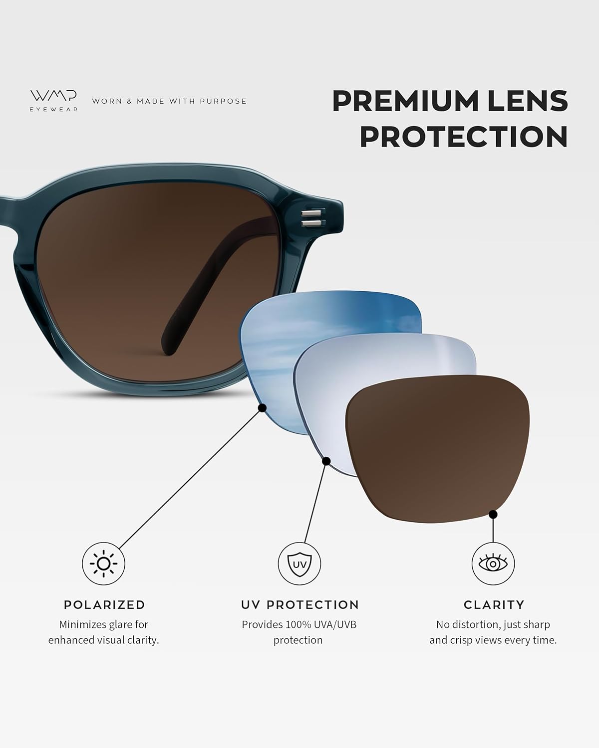 WMP Eyewear - Men's Polarized Retro Sunglasses - Classic Geometric Square Style, Acetate Frame, Keyhole Bridge Crystal Steel Blue / Brown Gold Gradient Lens image 4 of 7 B0DTZR219J