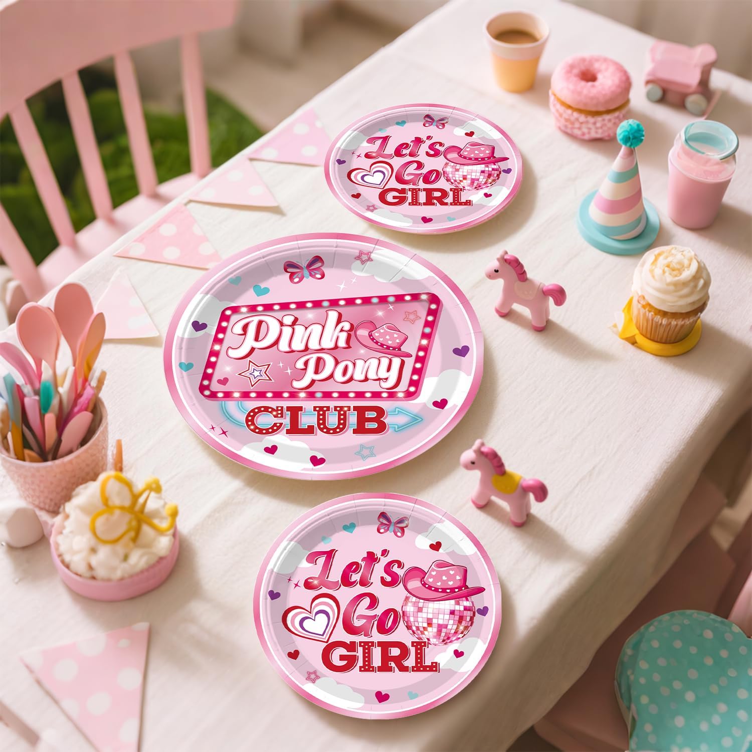 Pink Pony Club Decorations with Cake Topper, 25 Serves pink pony club Disposable Tableware Set, with 2pcs Table Cloth, Banner, for Disco Cowgirl and Bachelorette Party Decorations