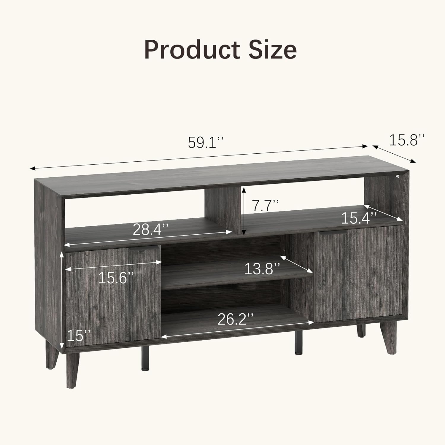 Fluted TV Stand for 70 inch，Entertainment Center with Storage Cabinets, Modern TV Console with Open Adjustable Shelves, TV Stand for Living Room Bedroom, Black&Grey