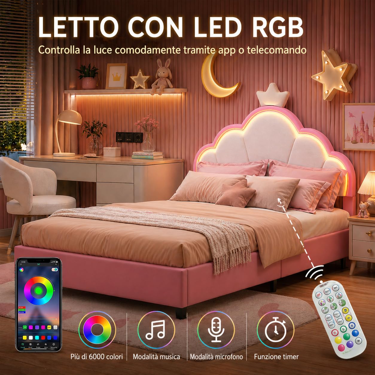Cama infantil tapizada, 90 x 200 cm, cama infantil con LED, estructura individual de corona con somier, cabecero ajustable, tela aterciopelada (rosa, blanco y tela de terciopelo, 90 x 200)