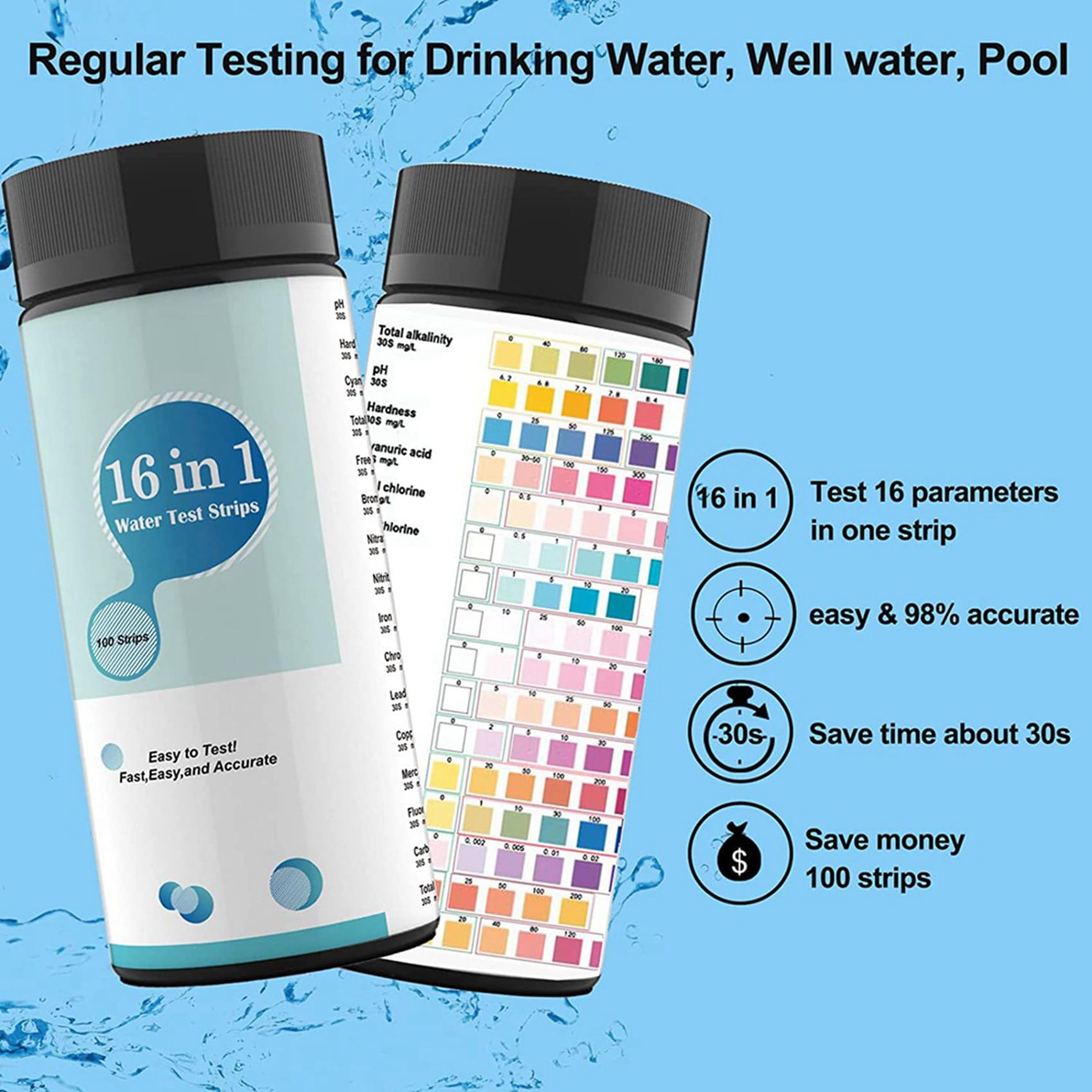 16 nel 1 Kit per il Test 'Acqua, 600 Pezzi di Strisce per il Test 'Acqua Potabile, Strisce per il Test 'Acqua di Rubinetto e di Pozzo e Test per PH,