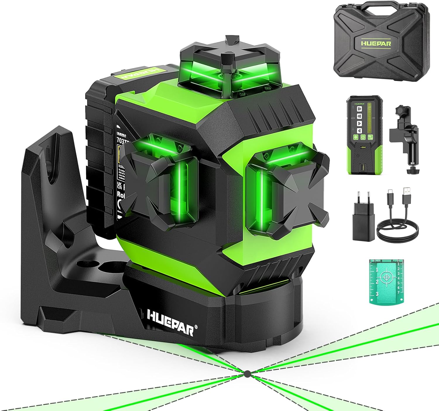 Huepar 3x360 Laser Level with Auto-Tracking Motorized Base, Remote Receiver Control, ±1/13" Precision, 8Hr Battery for Solo Framing & Tiling