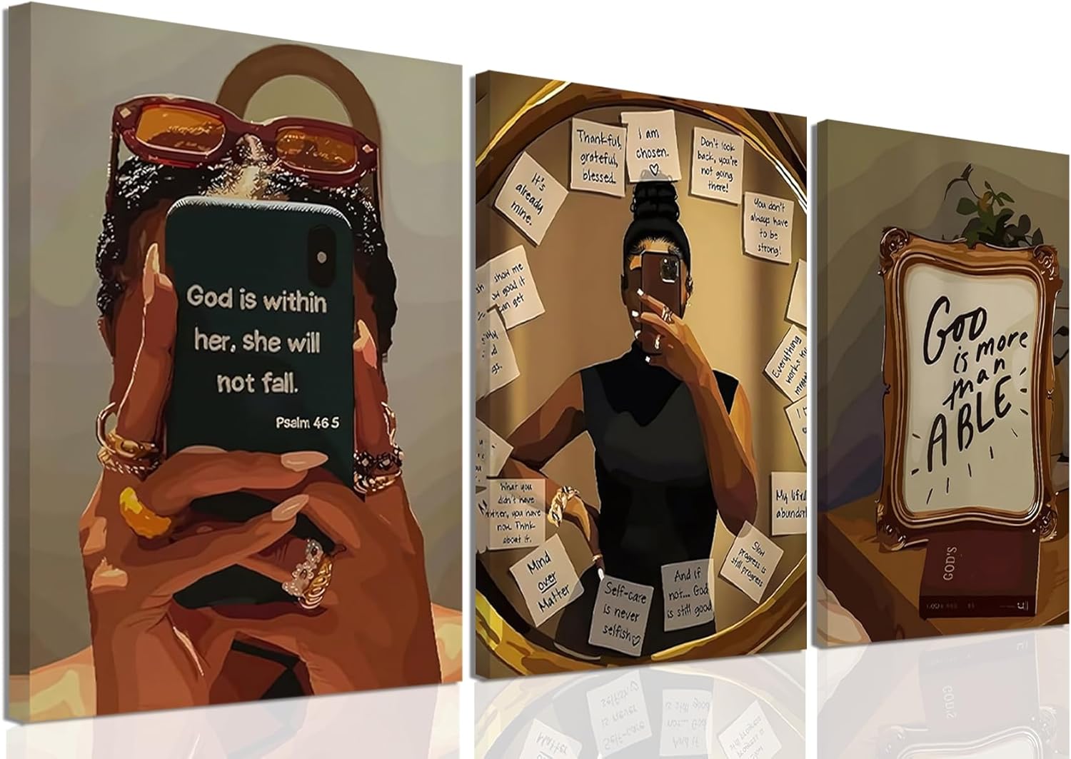 3 Piece Black Girl Canvas Wall Art Bible Verse Christian Wall Decor Abstract African American Woman Fashion Prints, Religious Inspirational Wall Art for Bedroom Living Room 12x16In Framed