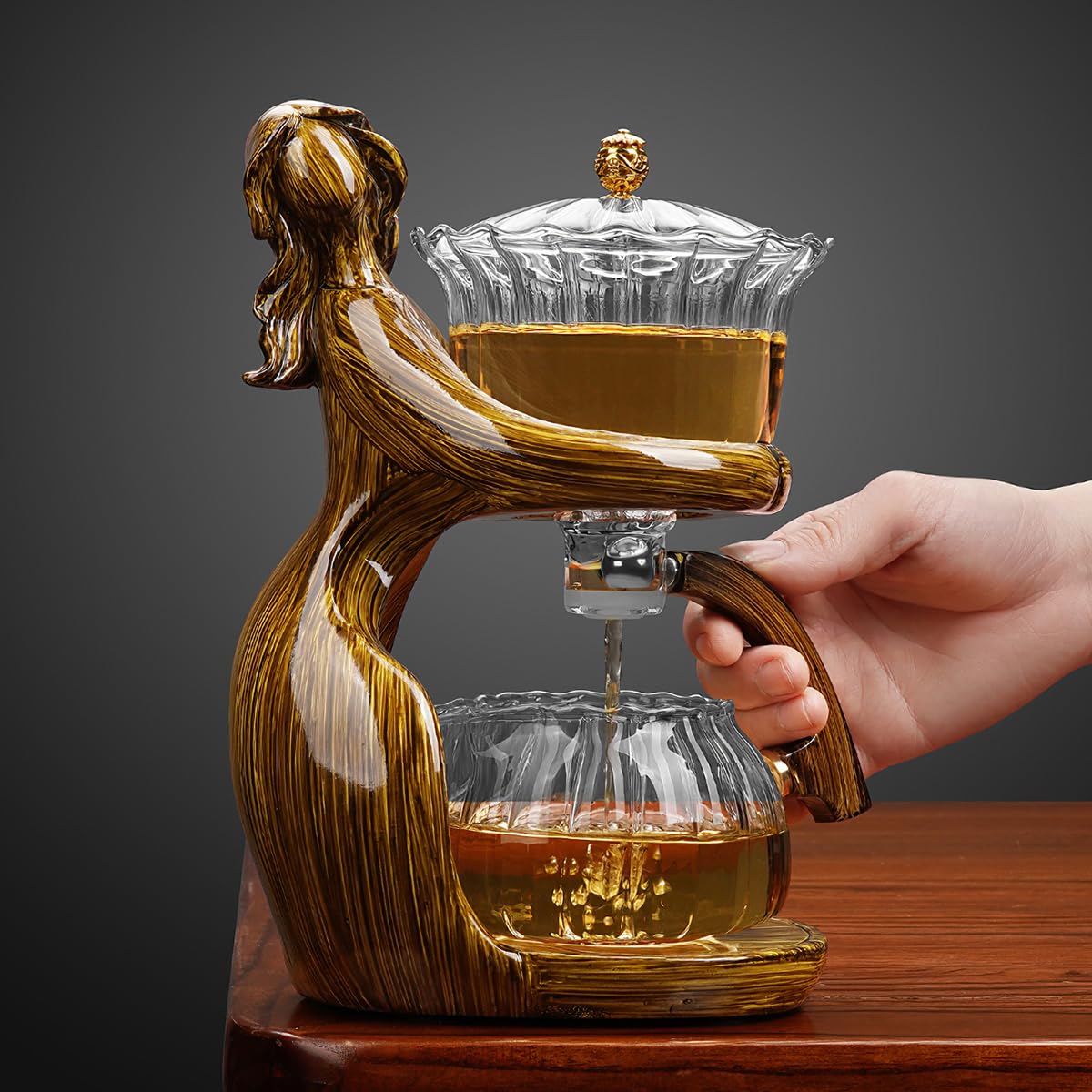 CUNHUY Lazy Kungfu Drip TeaPot, Heat Resistant Tea Set, Semi-Automatic Glass Teapot Suit for Magnetic Water Flow Wooden Glass Teapot Set with Cups (Coffee Maiden)
