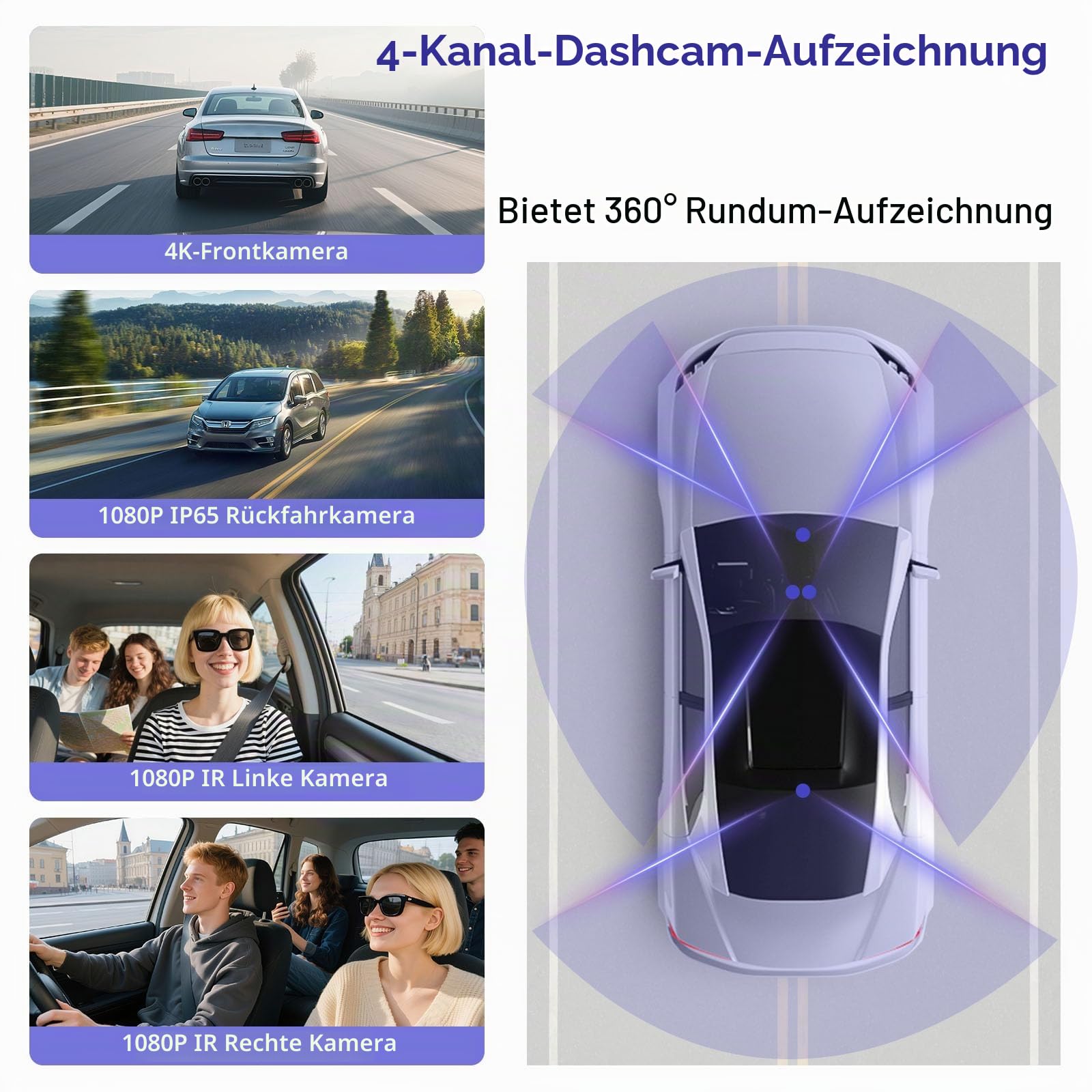 4K dashcam Auto vorne hinten 4 Kanal Dash cam mit 3" IPS-Bildschirm