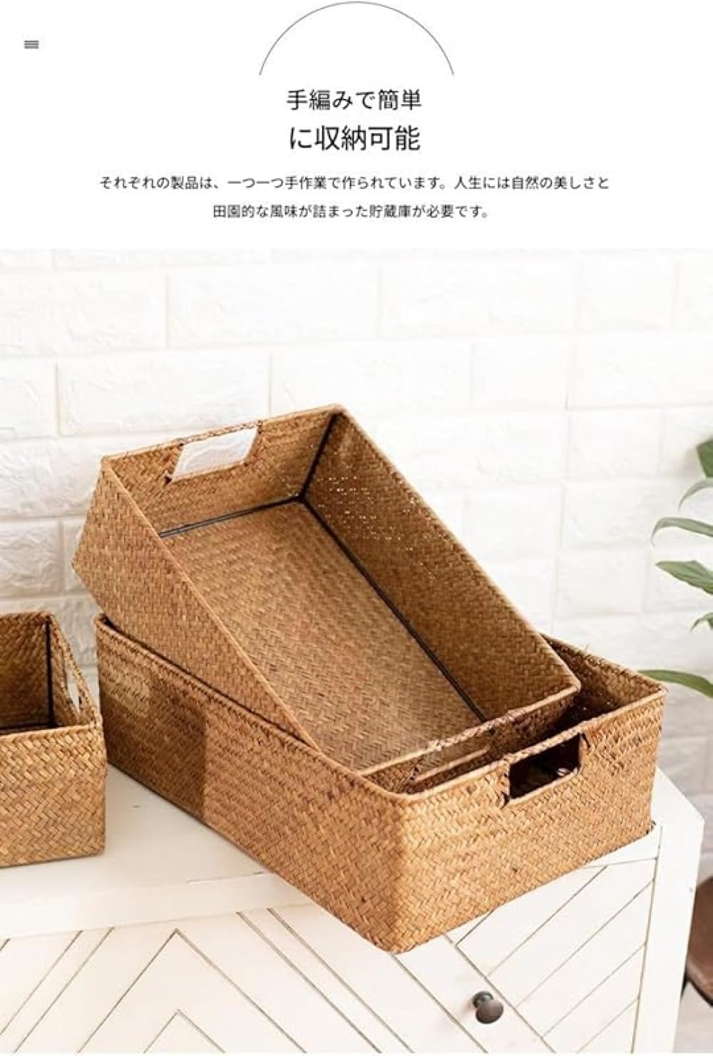 AOBOPO藤編み収納籠 天然草木製 長方形・正方形 卓上小物入れ・植物鉢 防水・水洗い可能 高耐久性 室内装飾にも最適