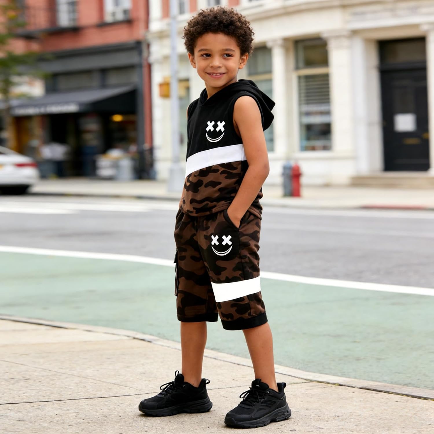 Boys Summer Clothes 2PCS Color Block Hooded Sleeveless Tee Tops & Camo Shorts Set Teen Boys Outfits Size 6-12Y - Image 3