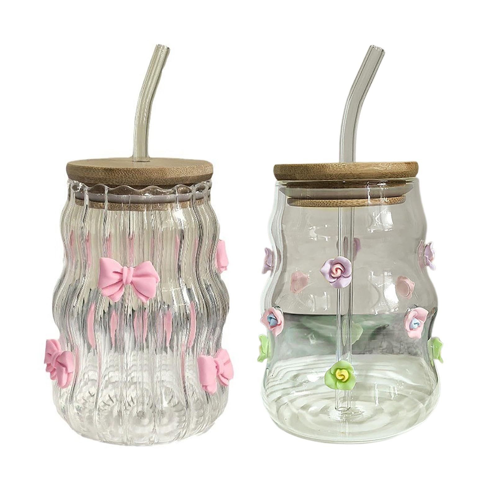 BestAlice Ribbed Glass Drinking Cup, 450ml, Pink, Bow or Rose Style, Iced Coffee Cup, Bubble Glass, Medium Size, Reusable - Image 8