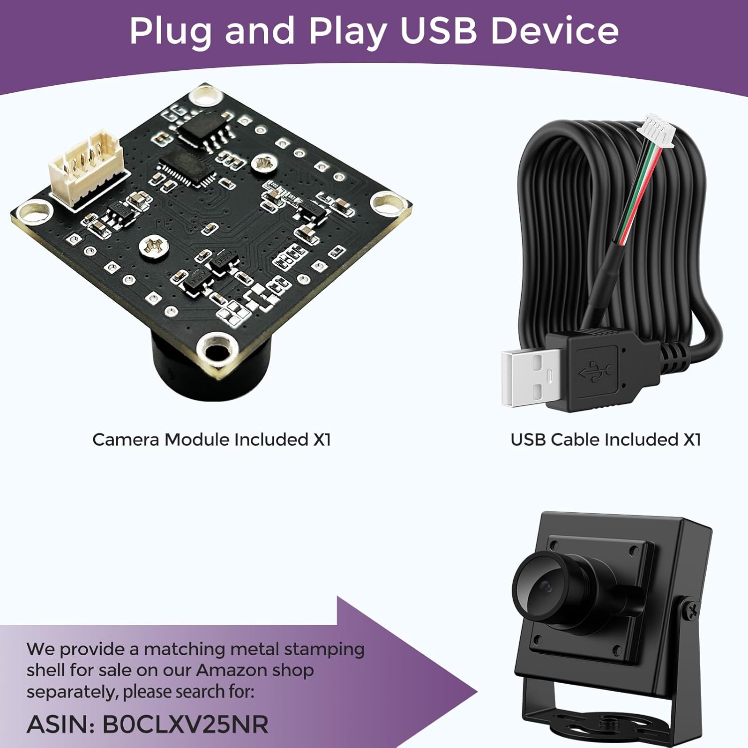 InnoMaker camera module and its included USB cable, demonstrating plug-and-play functionality.