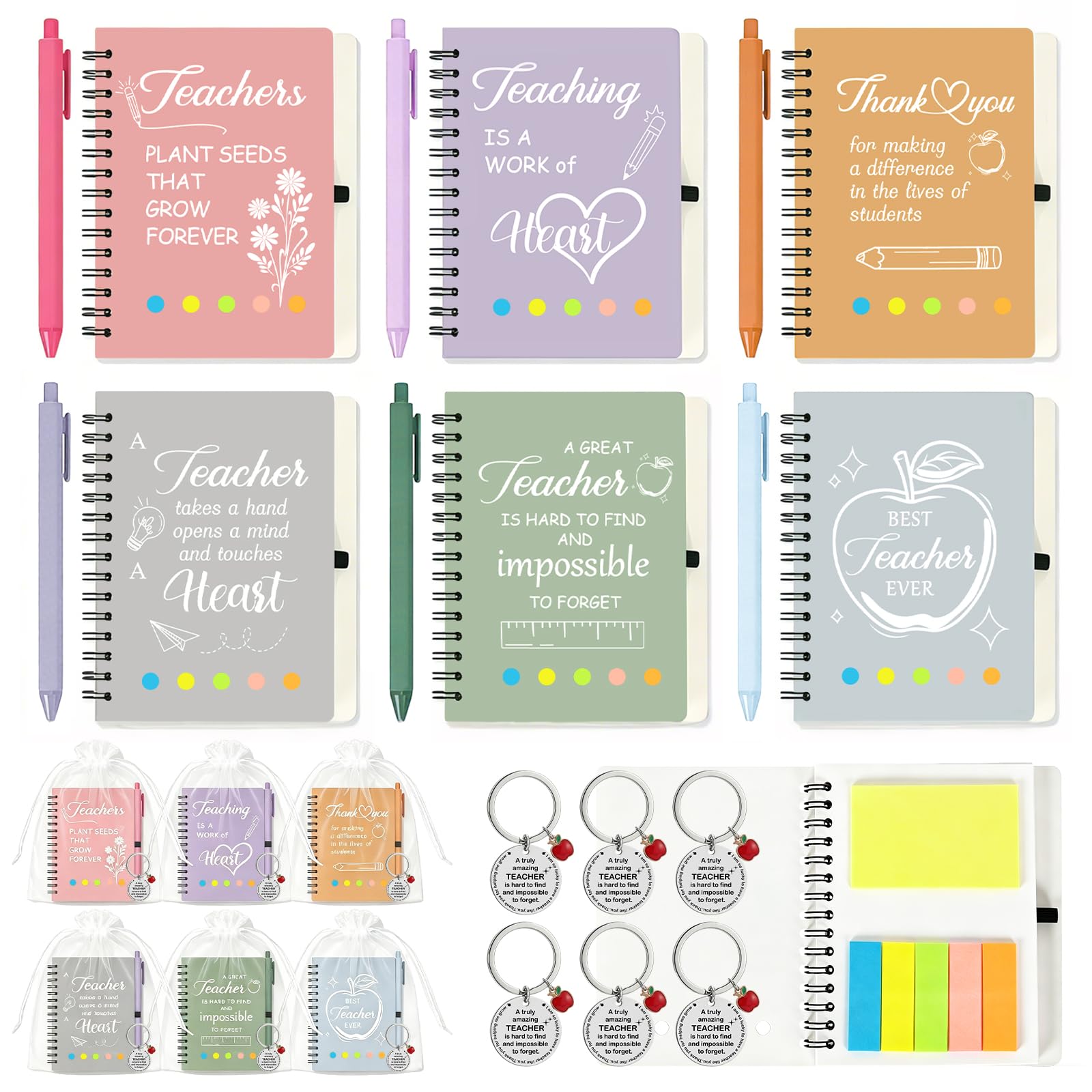 Epaing Thank You Teacher Gifts, 6 Sets Teacher Notebook Gift With Pen, Key Ring And Organza Bag, Notepad And Pen Gift Set For Women Men, Teaching Assistant, Graduation, Thanksgiving, Christmas