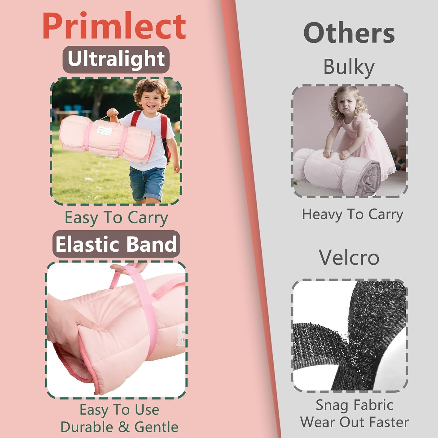 Primlect Lightweight Toddler Nap Mat, Portable Rolled Design Perfect for Daycare Travel, 51”x31 All-in-One Sleeping Bag with Removable Pillow and Fleece Blanket for Boys Girls, Machine Washable