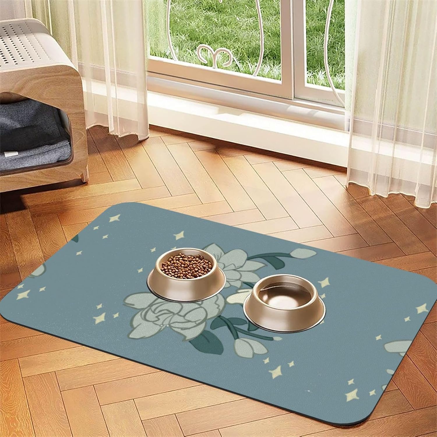 40x60cm Pet Absorbent Feeding Mat - White Bauhinia Print Leather Non-Slip Placemat, for Dog Cat Food and Water Bowl Pads