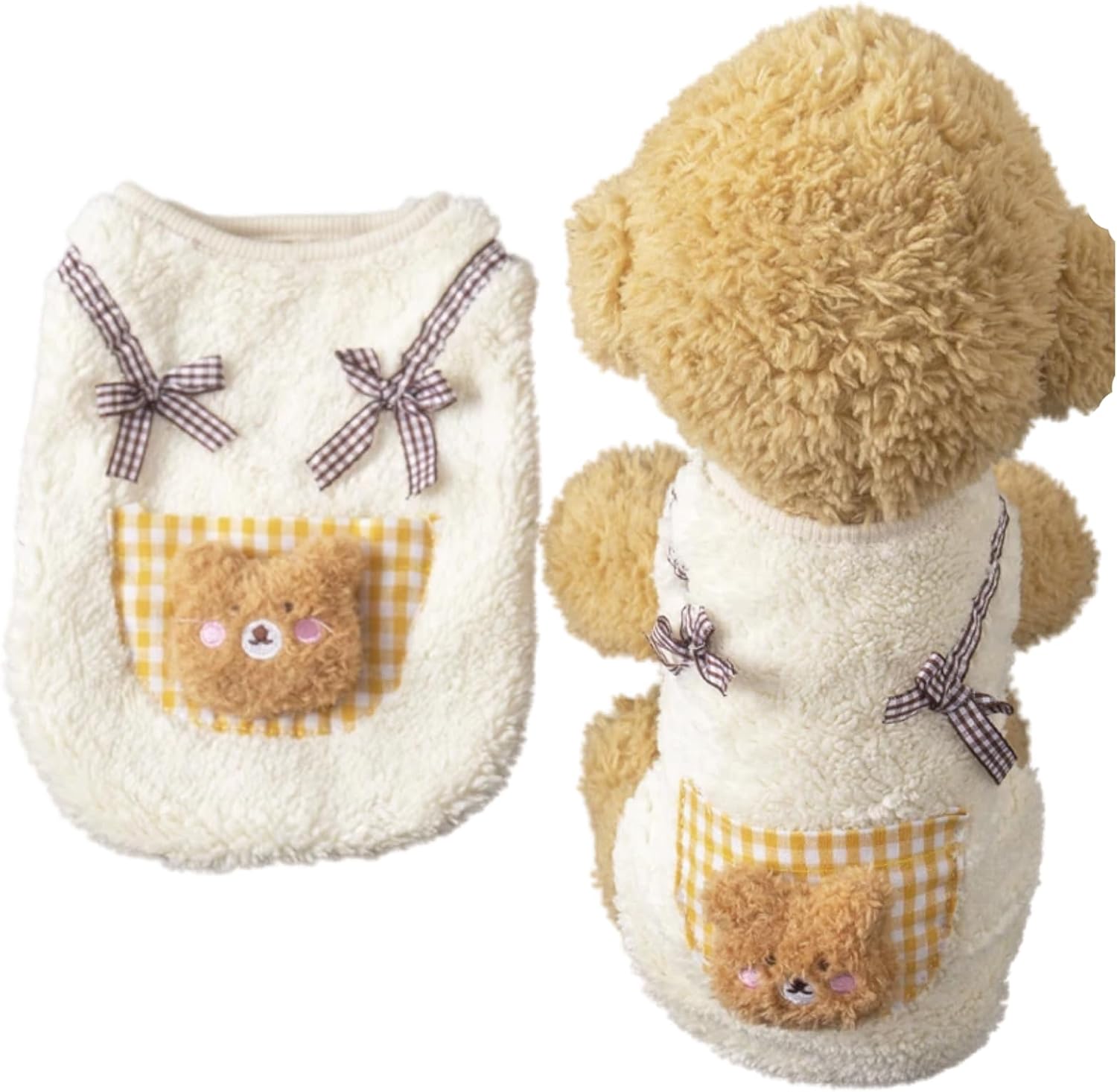 Cute Cat Apparel with Bow and Plaid Pocket Plush Dog Pullover Sweater Warm Soft Kitten Turtleneck for Indoor Cats and Small Medium Dogs (M (3.3-6.6lbs))