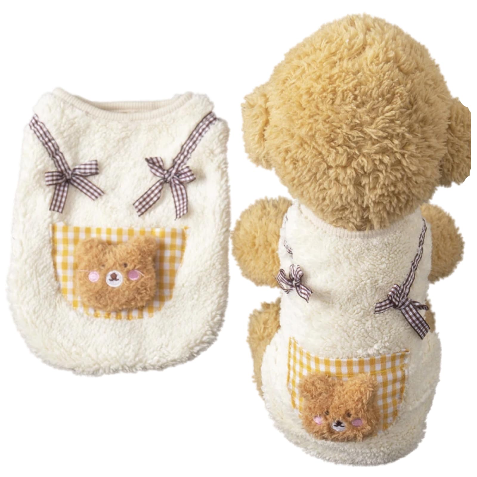 Cute Cat Apparel with Bow and Plaid Pocket Plush Dog Pullover Sweater Warm Soft Kitten Turtleneck for Indoor Cats and Small Medium Dogs (Yellow, S (0-