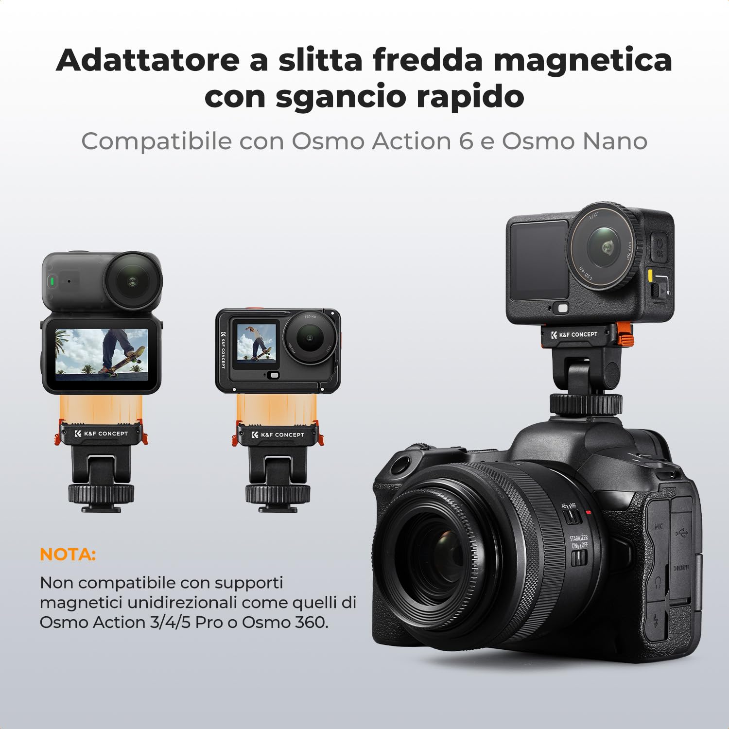 K&F CONCEPT Supporto a slitta fredda in plastica compatibile con DJI Osmo Nano/Osmo Action 6, supporto magnetico a sgancio rapido per action camera, adattatore treppiede con connettore a slitta calda