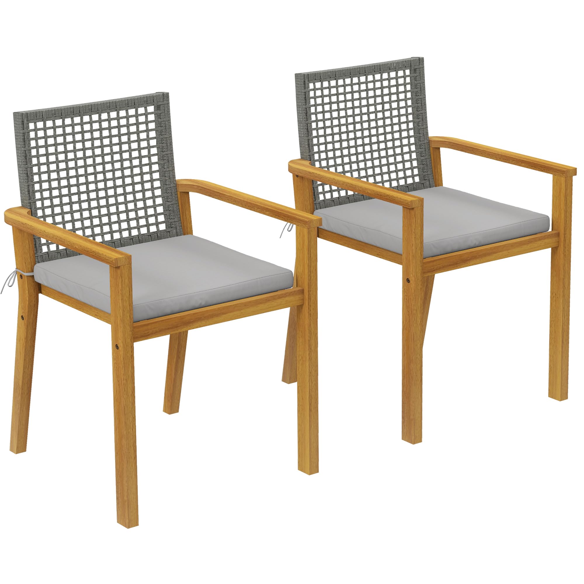 Outsunny Juego de 2 Sillas de Jardín Exterior de Madera, Sillas de Jardín Apilables con Cojines Desmontables, Brazos, Respaldo de Ratán PE, Carga 160 kg, para Terraza, 59x55x86 cm, Madera Natural