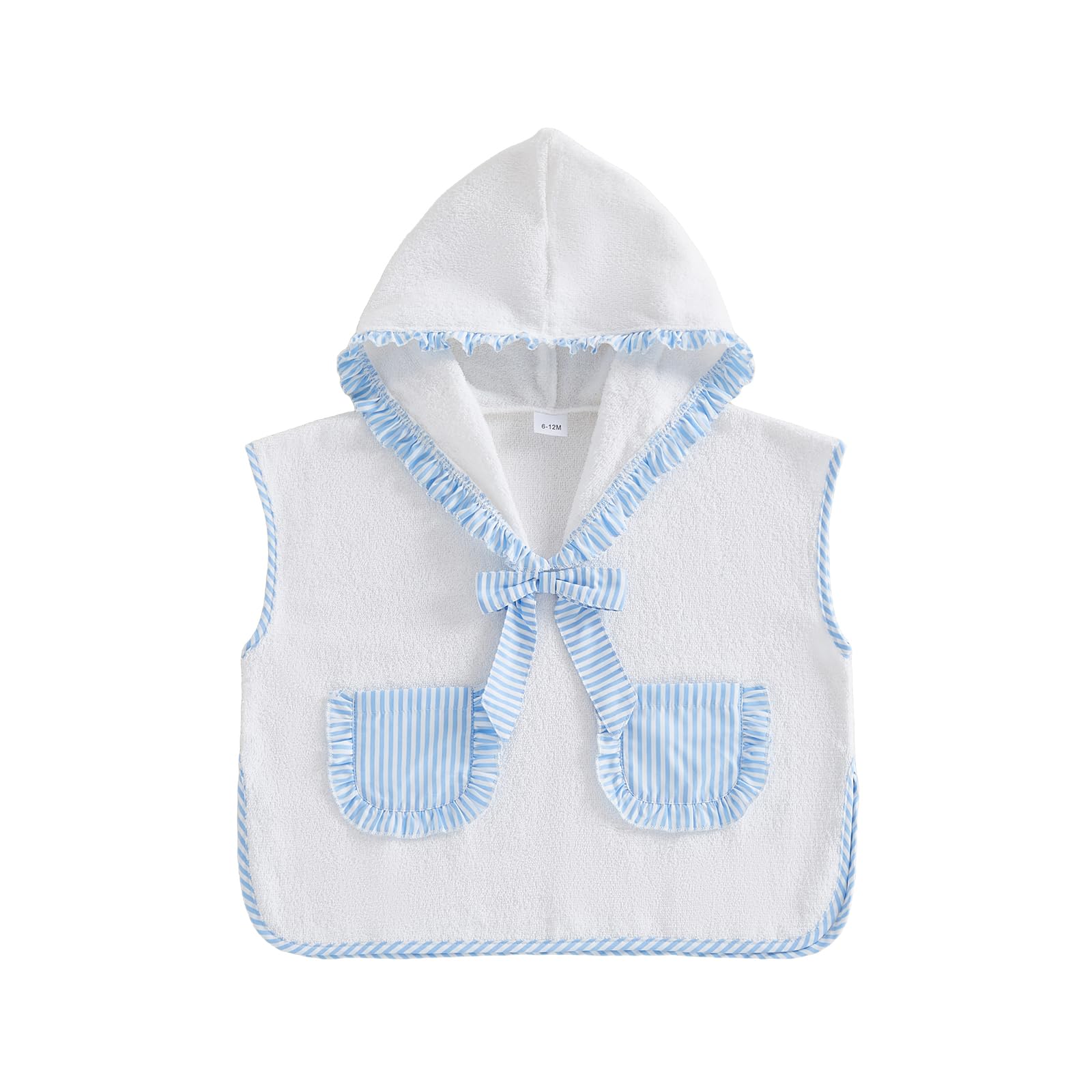 Geagodelia ​Hooded Swimming Poncho Towels for Kids Toddler Baby Girls Striped Ruffled Trim Terry Towelling Soft Changing Robe Towel Beach Cover Up (Blue, 6-12 Months)