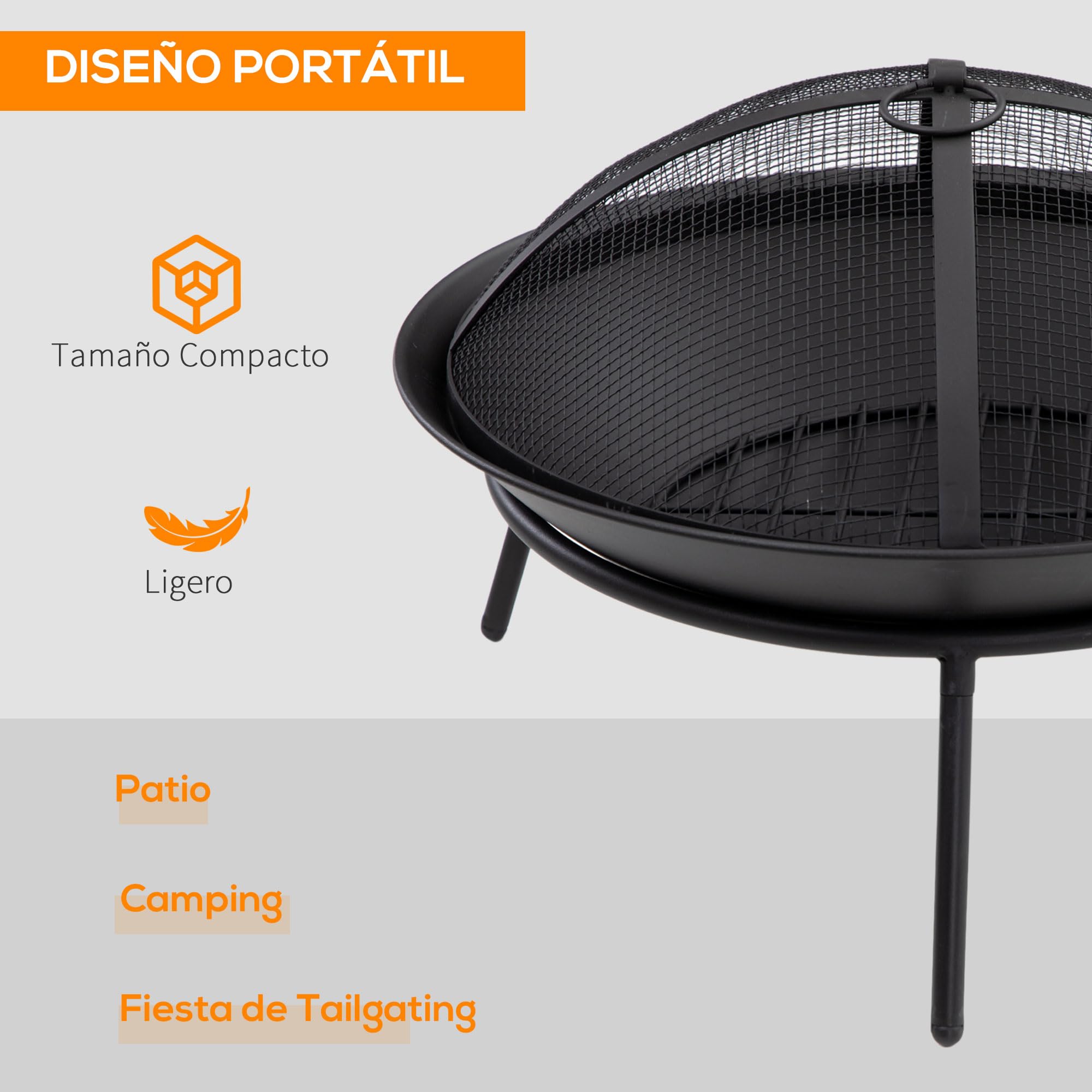 Outsunny Brasero Exterior para Jardín Pozo de Fuego de Metal con Protector de Chispas y Atizador para Hogueras Terraza Camping al Aire Libre Ø47x33 cm Negro