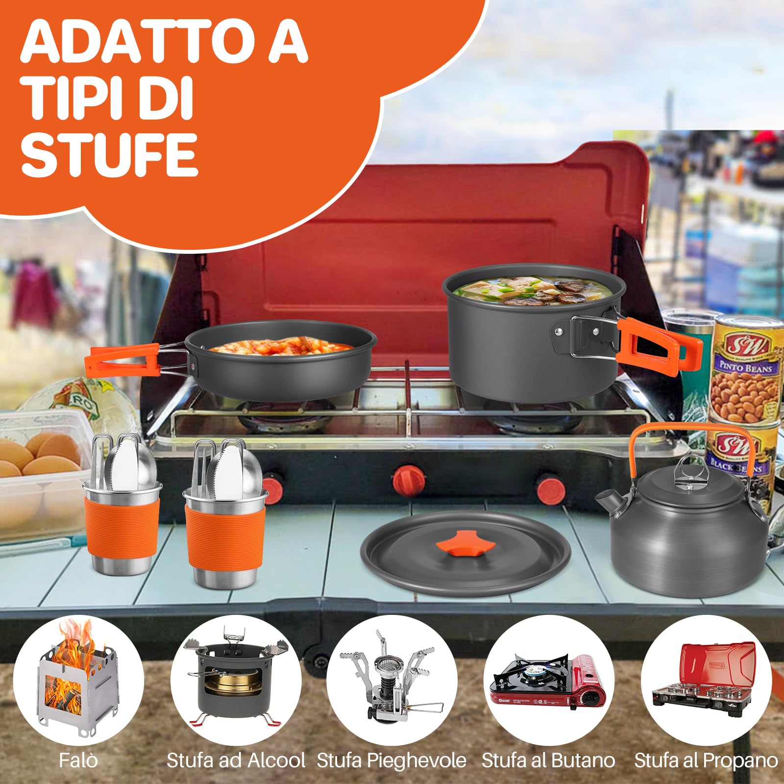 FUNYKICH 17 Pezzi Set di Pentole da Campeggio in Alluminio,Posate Pieghevoli,con Bollitore,Tazze in Acciaio Inox e Moschettone, per Pesca,Picnic e Escursioni