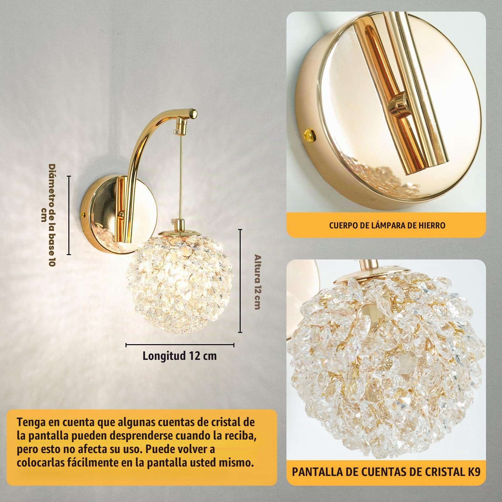 Aplique Pared Cristal Interior Pequeño Nórdico Moderno, Aplique Pared Bola Dorada G9 Romántica con Pantalla Cristal K9 y Cuerpo de Hierro, para Salon Dormitorio Mesita de Noche (Sin Bombilla)