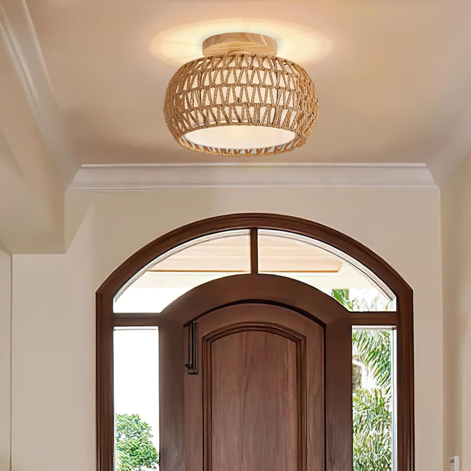 Boho Ceiling Light Fixtures 11.8" Rattan Chandelier Hand-Woven Semi Flush Mount Ceiling Lights for Bedroom Nursery Kitchen Hallway