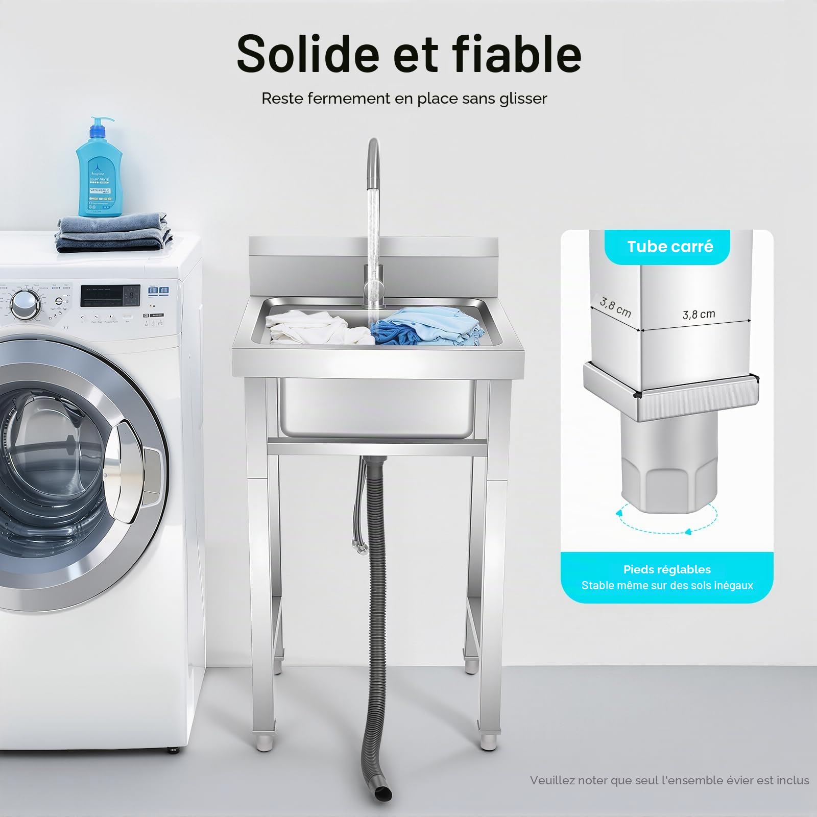 Évier Cuisine sur Pied Évier,Inox Autonome Professionnel avec Robinet Pivotant 360° Étagère et Dosseret Anti-Éclaboussures (50×50×93cm)
