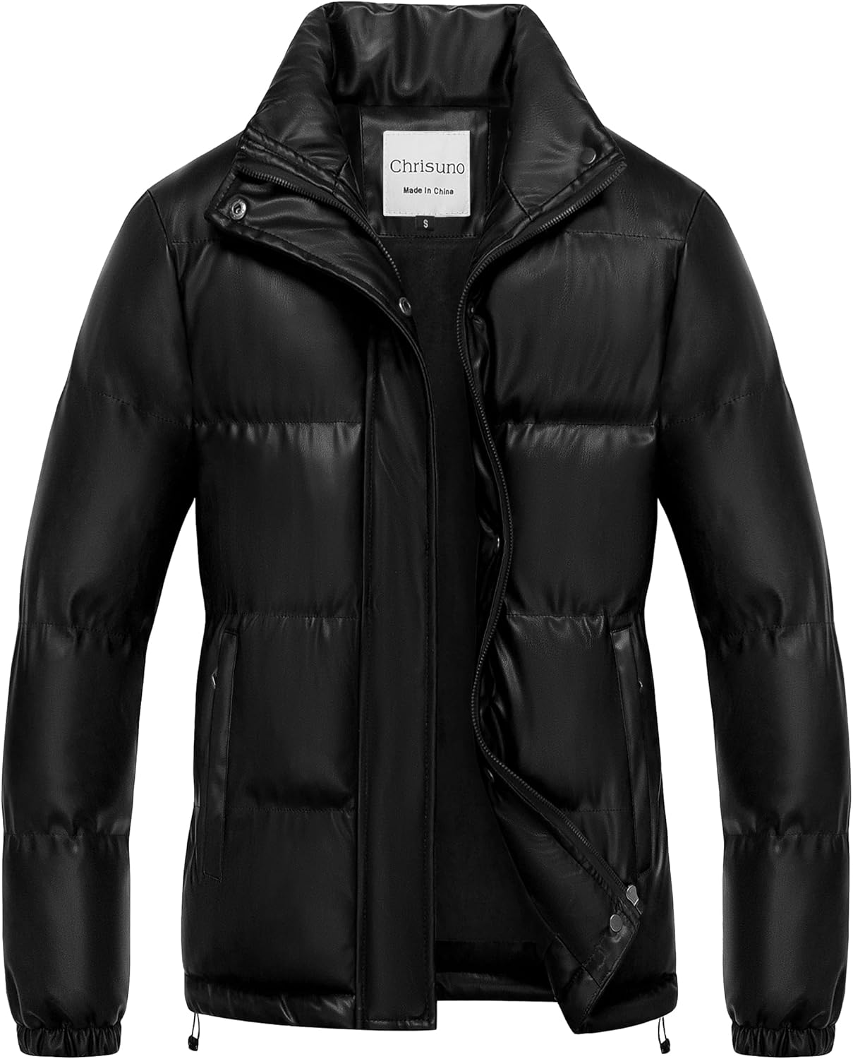 Chrisuno Women's Short Faux-Leather Puffer Jacket Fleece Lined Vegan Leather Winter Coat Waterproof Bubble Jackets