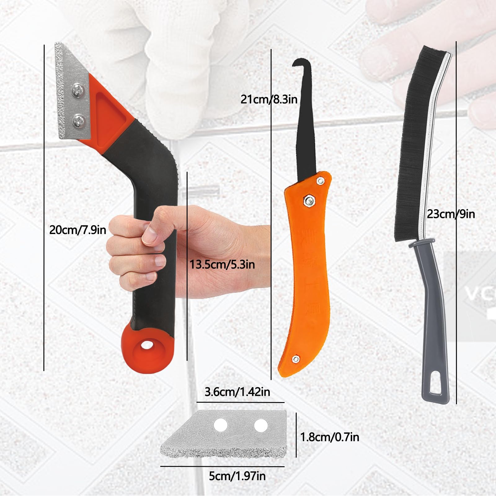 Rascador Juntas Azulejos, 8 pcs Removedor de Lechada para Quitar Lechada de Azulejos y Baldosas con 5 piezas de Repuesto Extra, 1 Cepillo para Quitar Baldosas(Rojo)