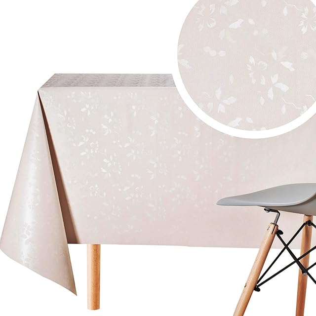 KP HOME White PVC Table Cloth Wipe Clean Tablecloth Oilcloth Beige Damask Plain Pattern Rectangular 200x140 cm 6 Seat Floral Plastic Table Cover Waterproof Tablecloth Table Cloth Wipeable Jacquard